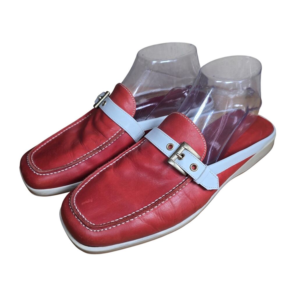 Adrienne Vittadini Mule Slide Slip On Leather Buckle 8.5 Orange White Preppy